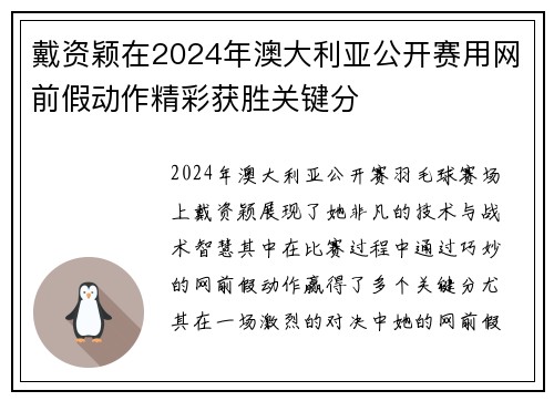 戴资颖在2024年澳大利亚公开赛用网前假动作精彩获胜关键分