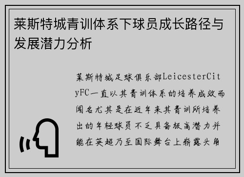 莱斯特城青训体系下球员成长路径与发展潜力分析