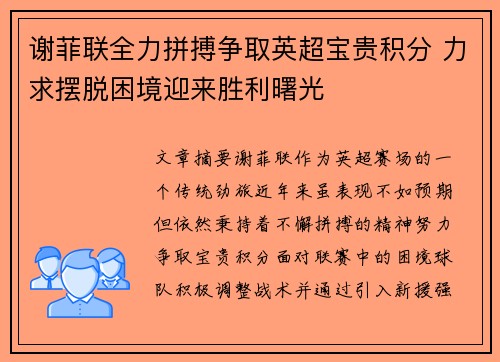 谢菲联全力拼搏争取英超宝贵积分 力求摆脱困境迎来胜利曙光 谢菲联全力拼搏争取英超宝贵积分 力求摆脱困境迎来胜利曙光
