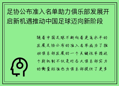 足协公布准入名单助力俱乐部发展开启新机遇推动中国足球迈向新阶段 足协公布准入名单助力俱乐部发展开启新机遇推动中国足球迈向新阶段