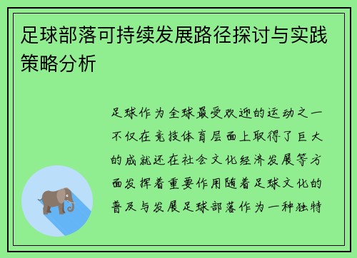 足球部落可持续发展路径探讨与实践策略分析